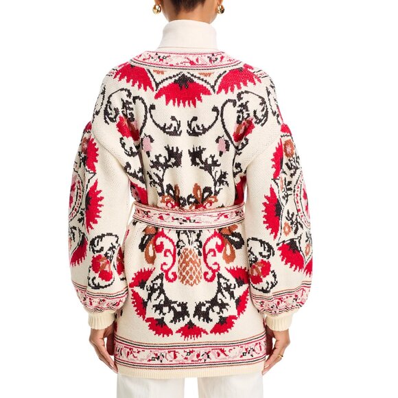 FARM RIO Cashew Mandala Belted Knit Cardigan, Cream/Red/Black, Size M, NWT - Picture 3 of 13